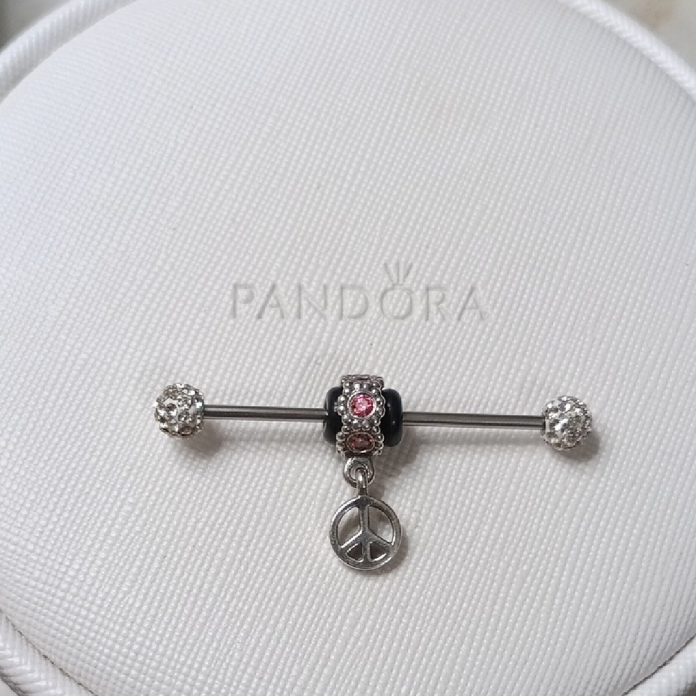 Pandora Vintage Stirling Silver Pink CZ Dangle Peace Sign Charm